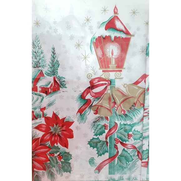 3 VTG Plastic Christmas TableCloths Cover Horse Sleigh Bells Poinsettia Holiday - Picture 6 of 9
